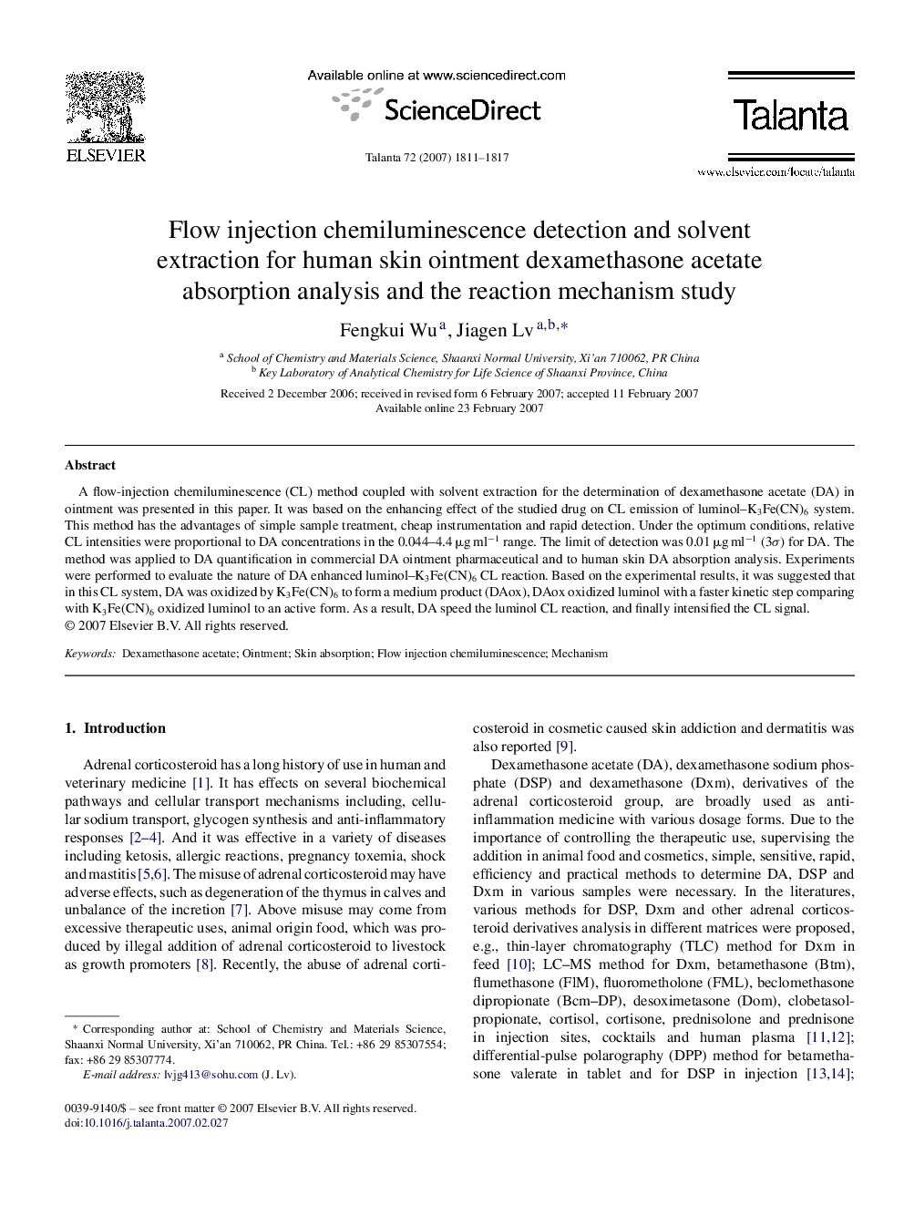 Flow injection chemiluminescence detection and solvent extraction for human skin ointment dexamethasone acetate absorption analysis and the reaction mechanism study