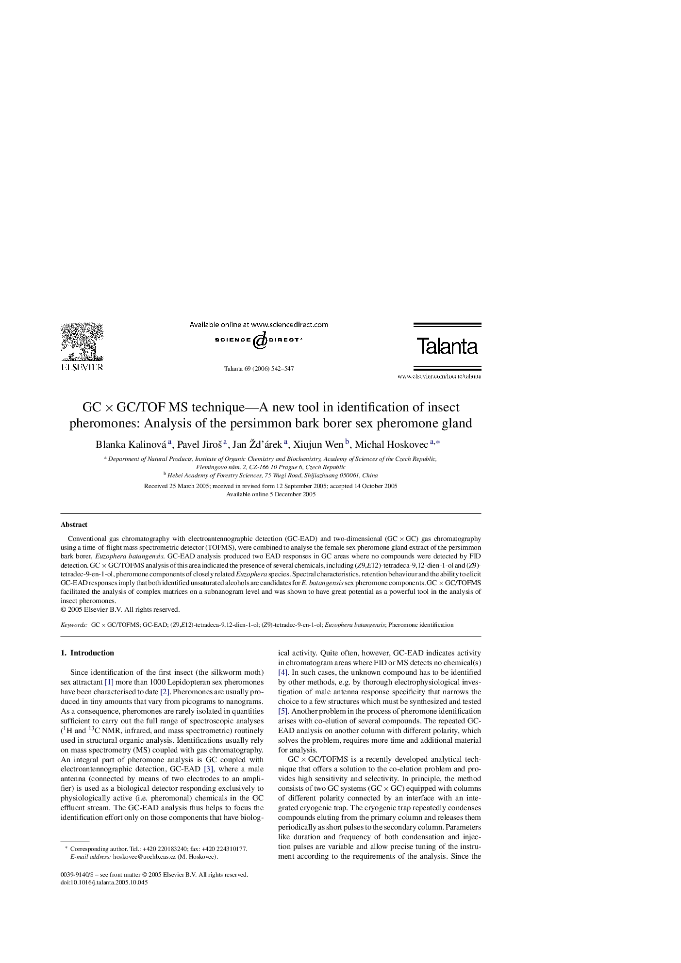 GC × GC/TOF MS technique—A new tool in identification of insect pheromones: Analysis of the persimmon bark borer sex pheromone gland