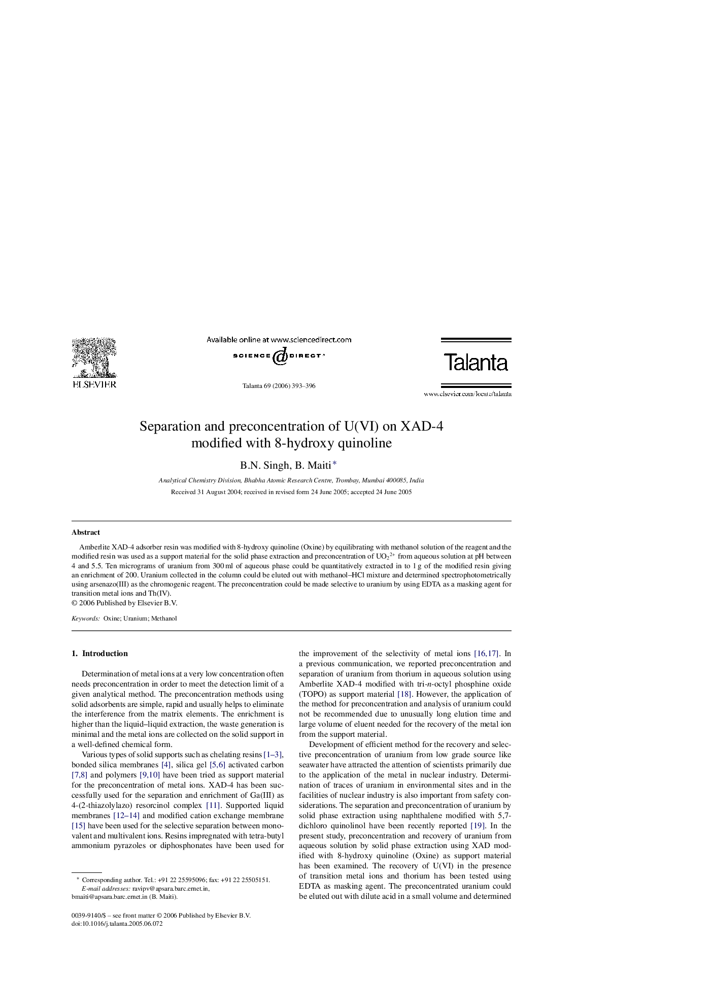 Separation and preconcentration of U(VI) on XAD-4 modified with 8-hydroxy quinoline