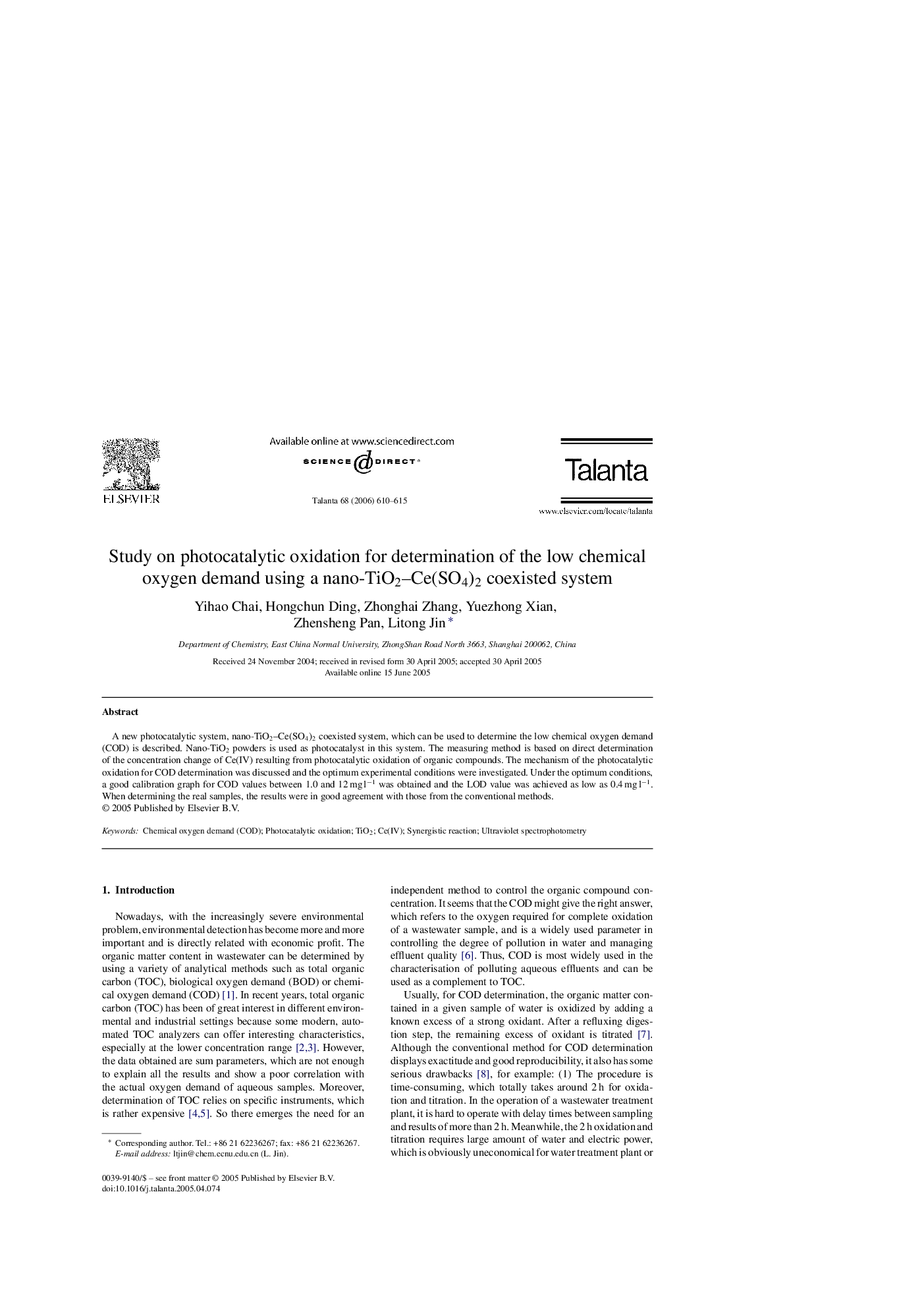 Study on photocatalytic oxidation for determination of the low chemical oxygen demand using a nano-TiO2-Ce(SO4)2 coexisted system