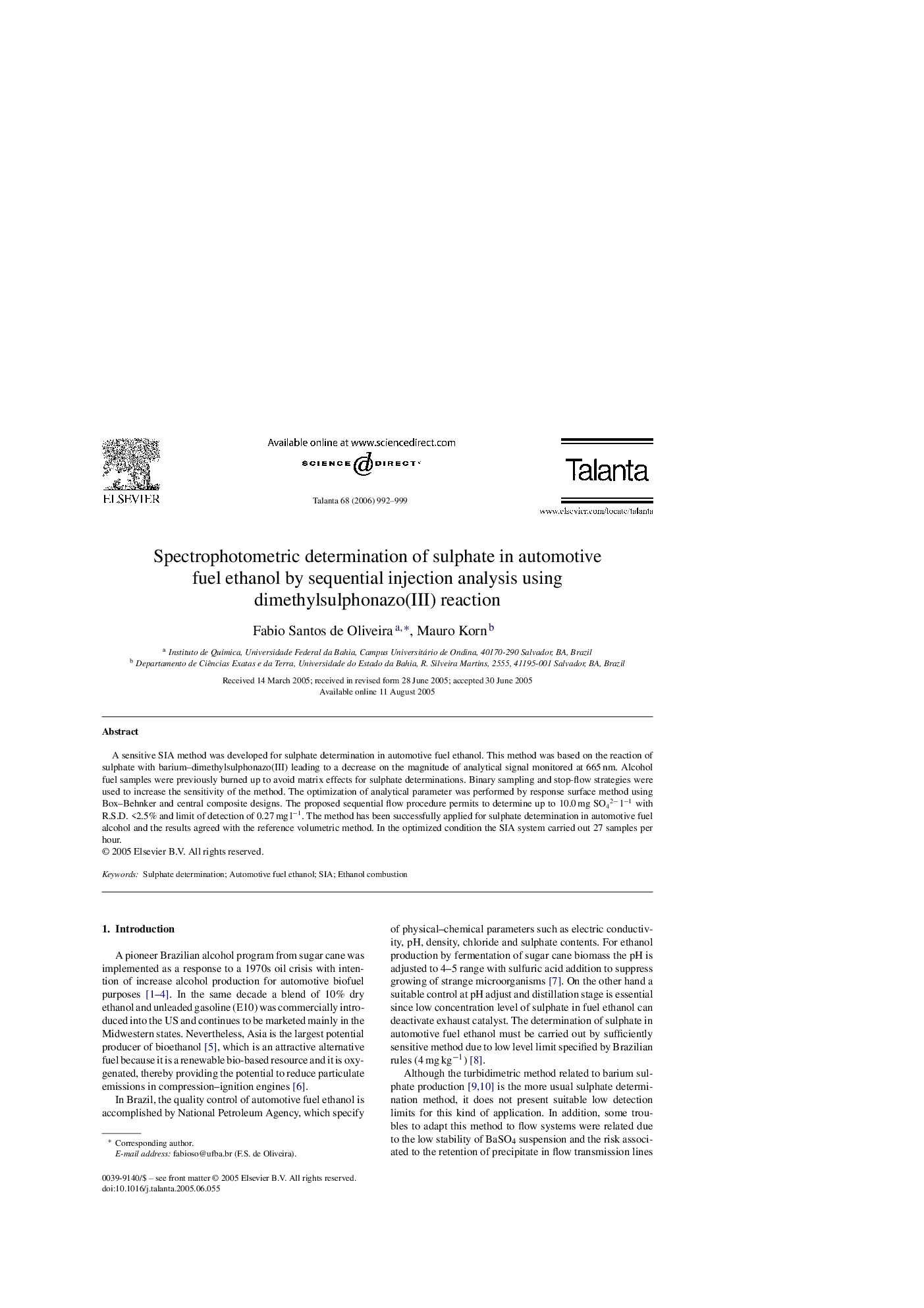 Spectrophotometric determination of sulphate in automotive fuel ethanol by sequential injection analysis using dimethylsulphonazo(III) reaction