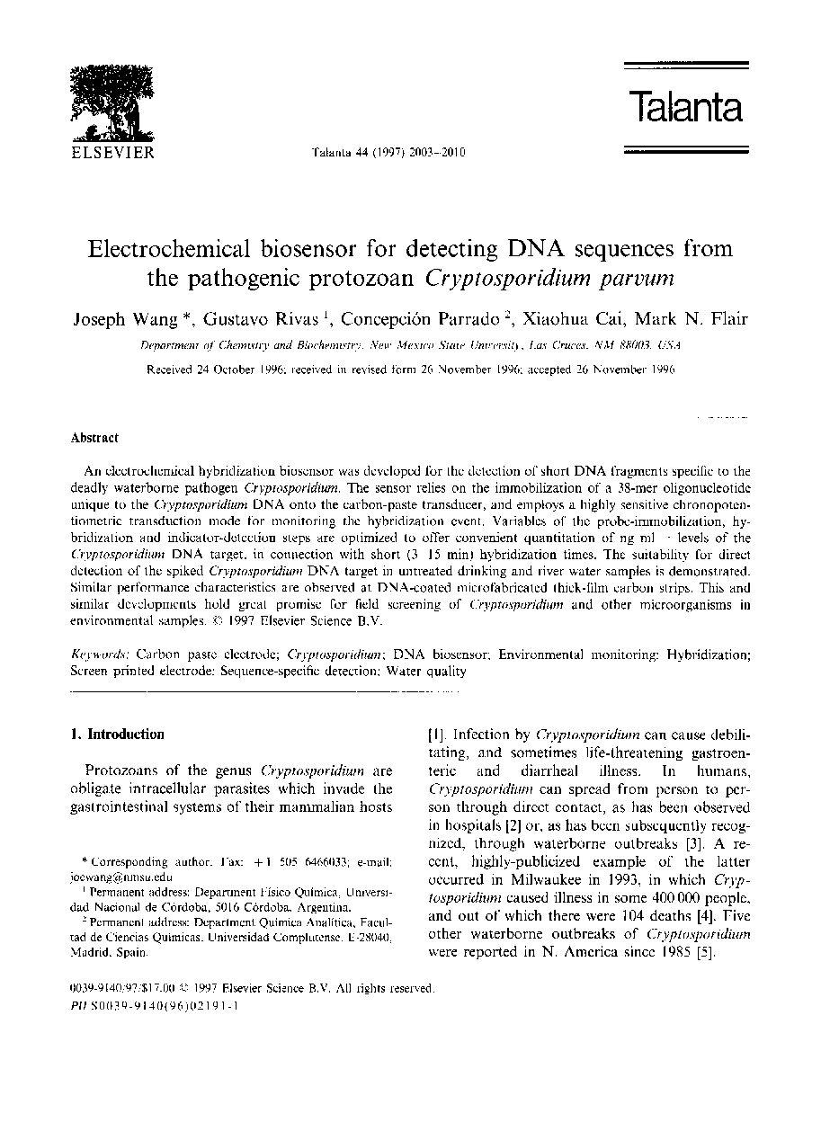 Electrochemical biosensor for detecting DNA sequences from the pathogenic protozoan Cryptosporidium parvum