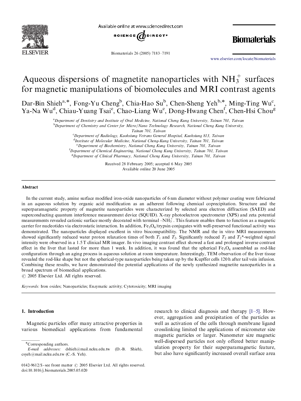 Aqueous dispersions of magnetite nanoparticles with NH3+ surfaces for magnetic manipulations of biomolecules and MRI contrast agents