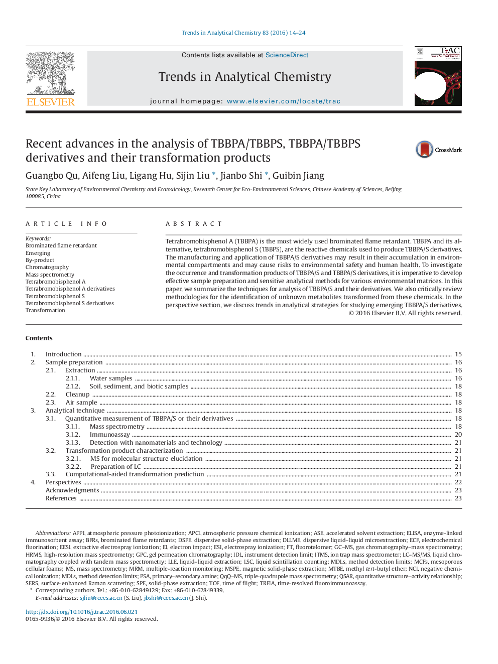 Recent advances in the analysis of TBBPA/TBBPS, TBBPA/TBBPS derivatives and their transformation products