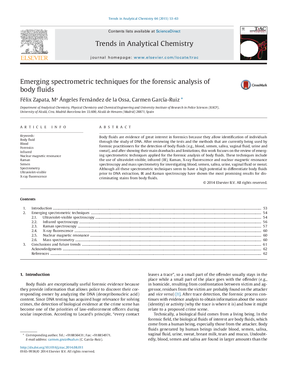 Emerging spectrometric techniques for the forensic analysis of body fluids