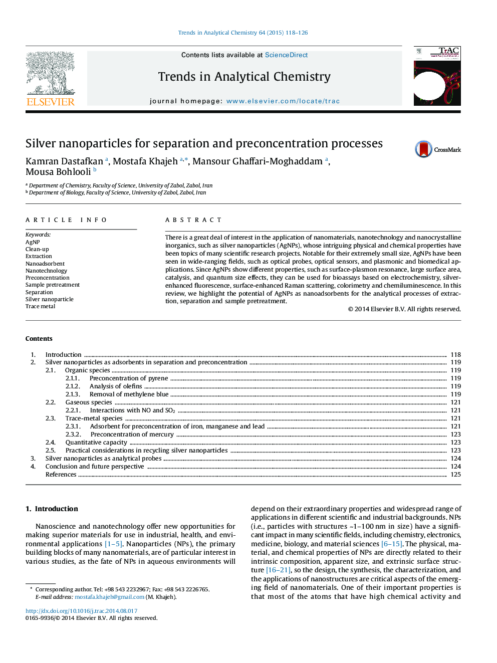 Silver nanoparticles for separation and preconcentration processes