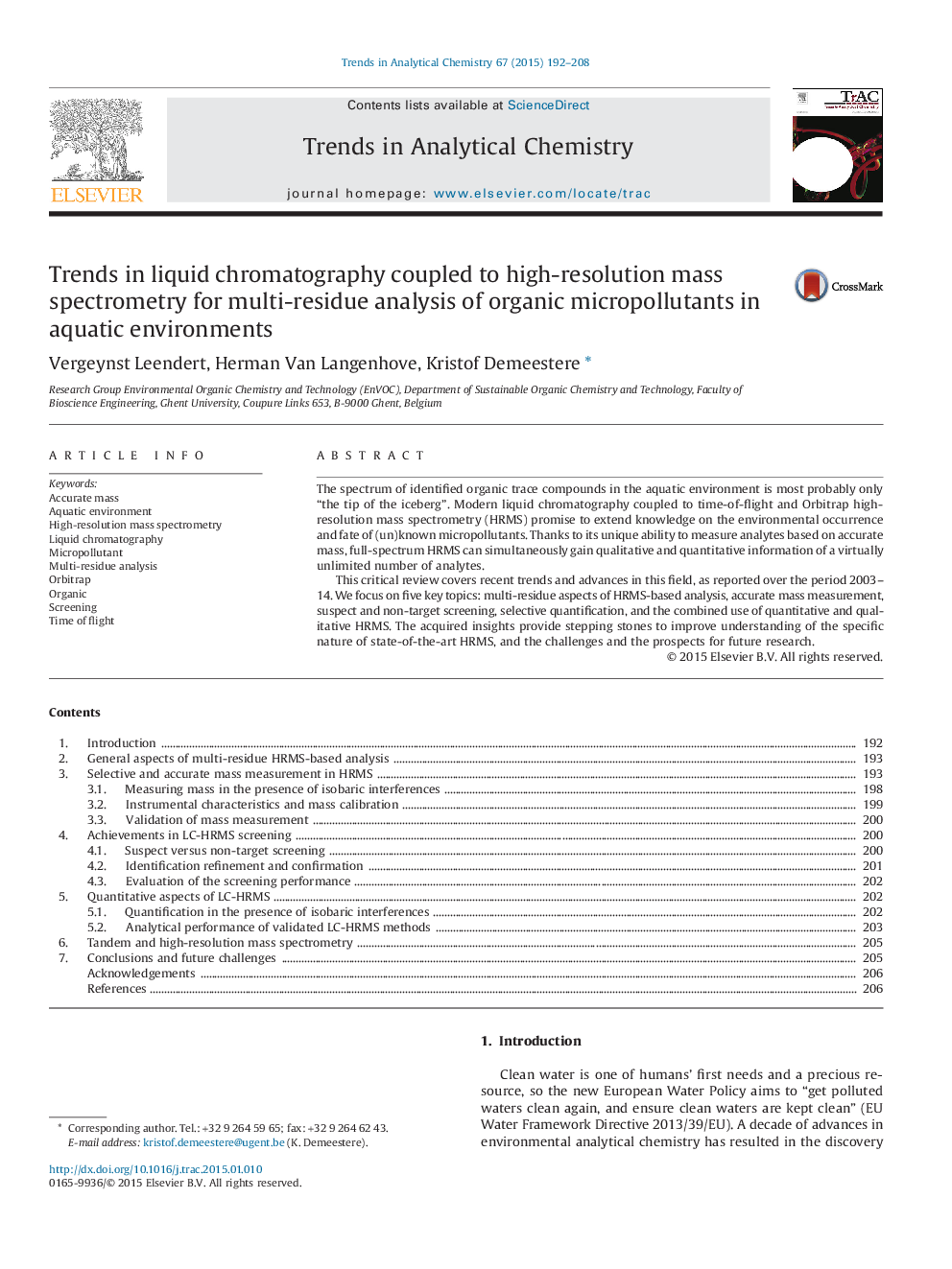 Trends in liquid chromatography coupled to high-resolution mass spectrometry for multi-residue analysis of organic micropollutants in aquatic environments