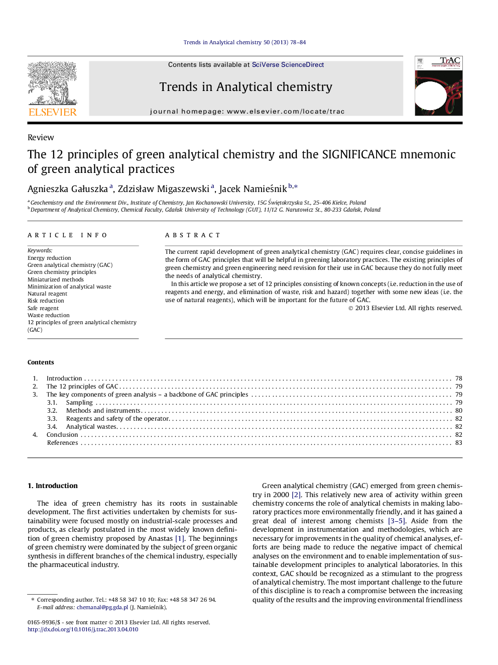 The 12 principles of green analytical chemistry and the SIGNIFICANCE mnemonic of green analytical practices