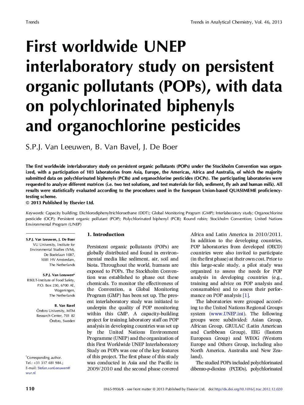 First worldwide UNEP interlaboratory study on persistent organic pollutants (POPs), with data on polychlorinated biphenyls and organochlorine pesticides