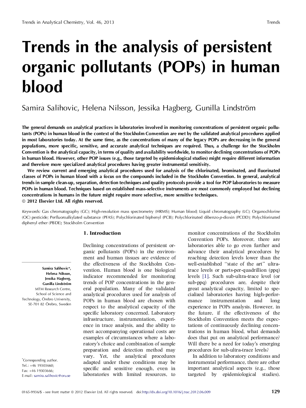 Trends in the analysis of persistent organic pollutants (POPs) in human blood