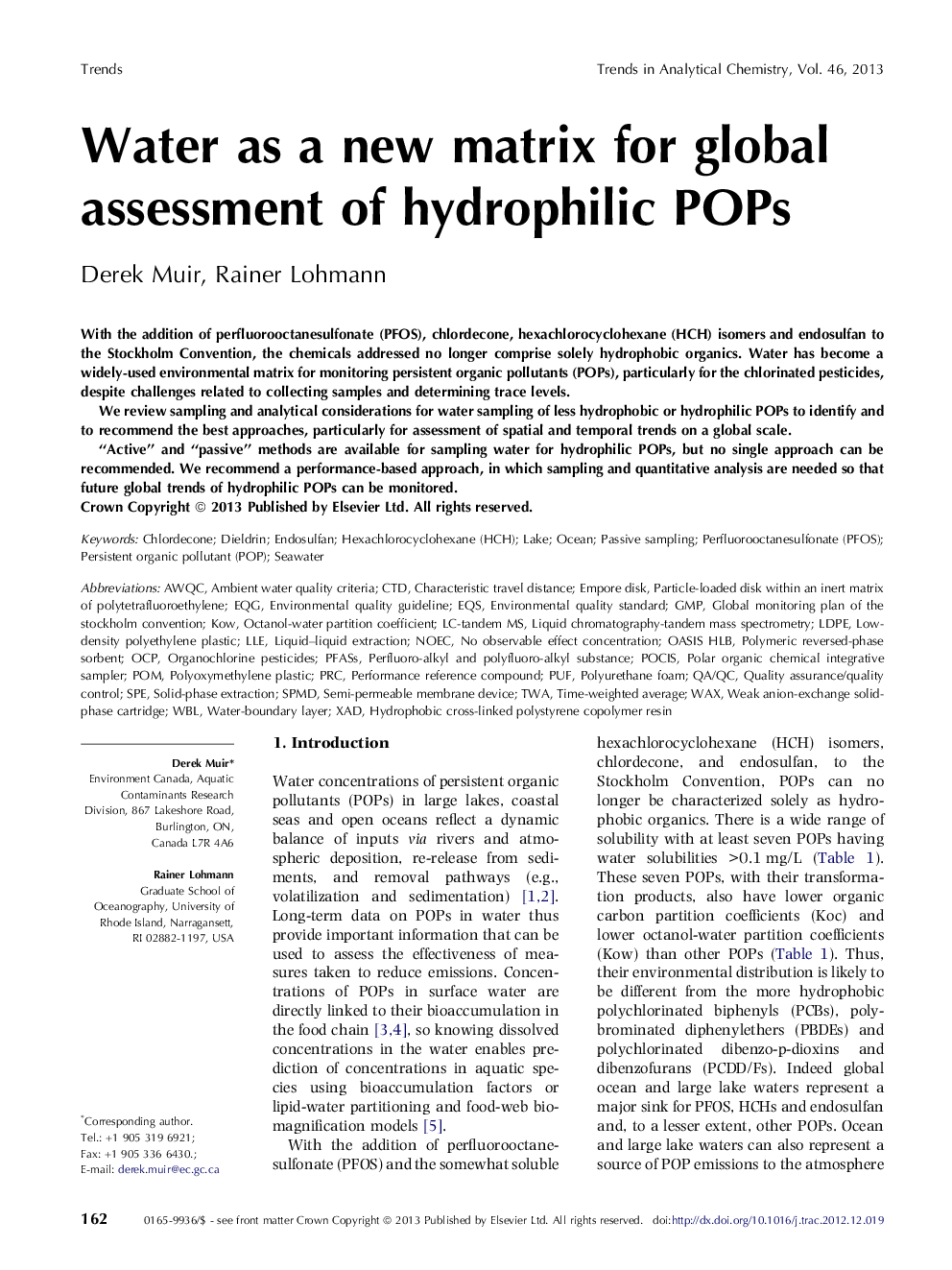 Water as a new matrix for global assessment of hydrophilic POPs