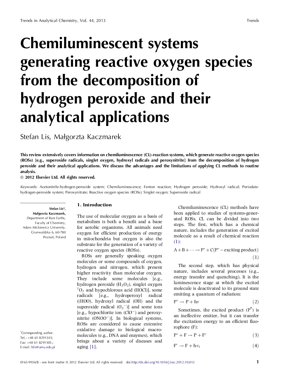 Chemiluminescent systems generating reactive oxygen species from the decomposition of hydrogen peroxide and their analytical applications