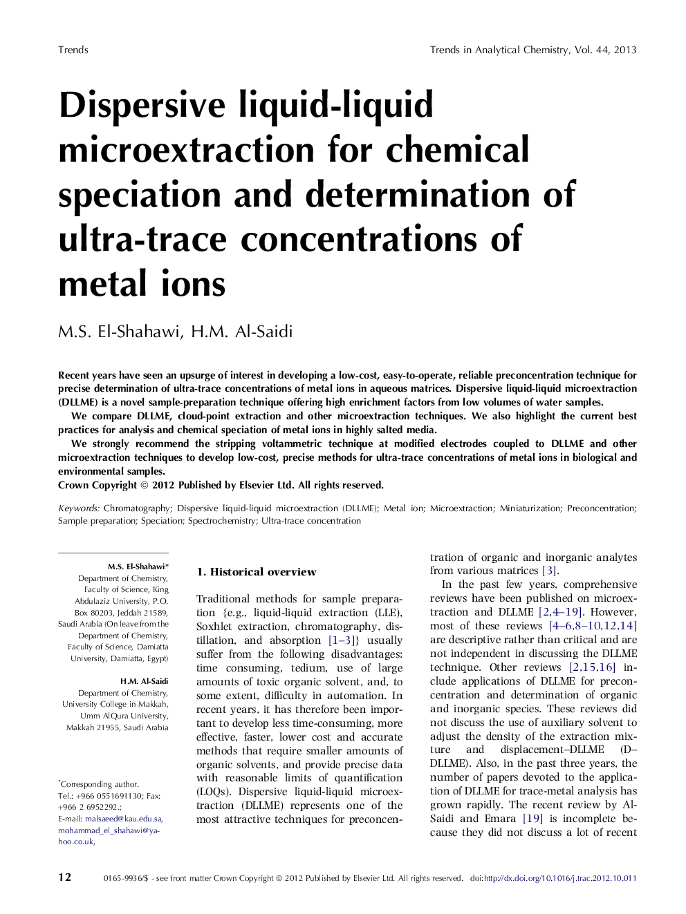Dispersive liquid-liquid microextraction for chemical speciation and determination of ultra-trace concentrations of metal ions