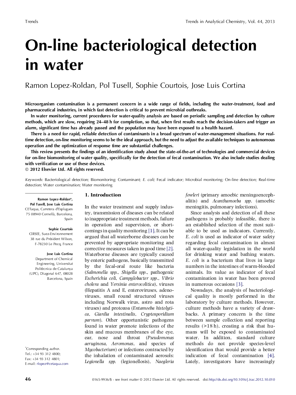 On-line bacteriological detection in water