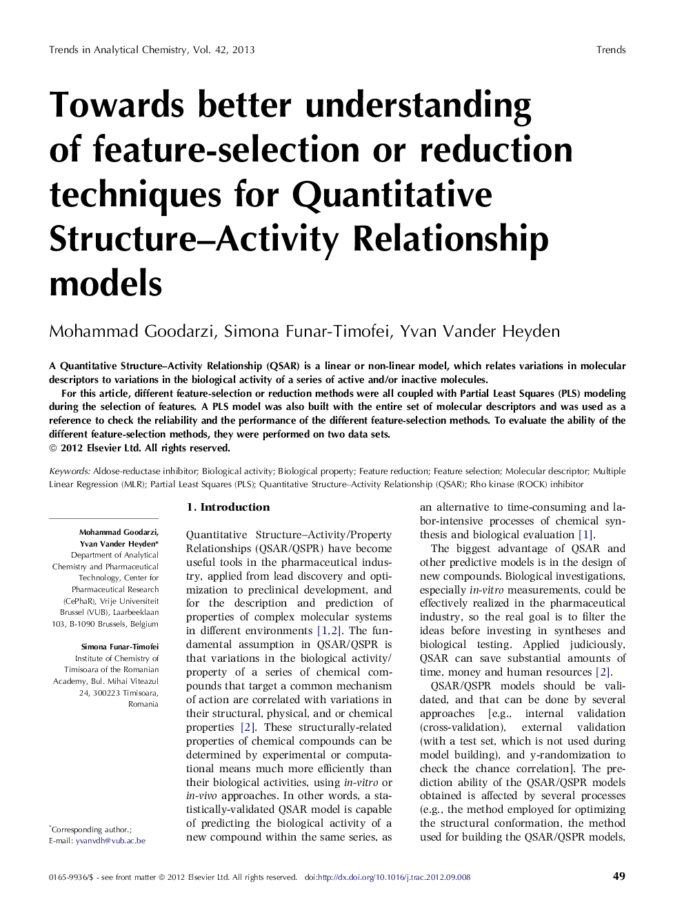 Towards better understanding of feature-selection or reduction techniques for Quantitative Structure–Activity Relationship models