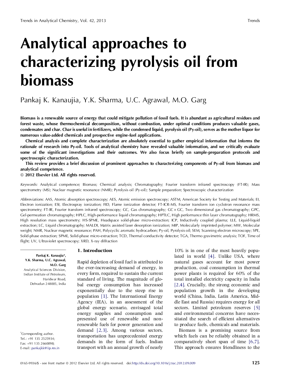 Analytical approaches to characterizing pyrolysis oil from biomass