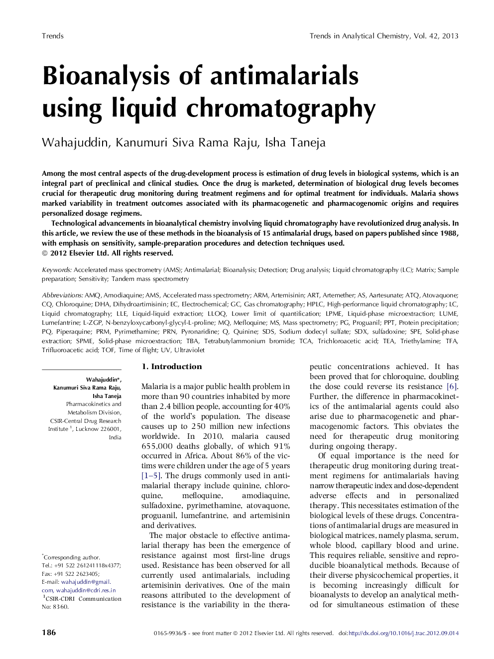 Bioanalysis of antimalarials using liquid chromatography