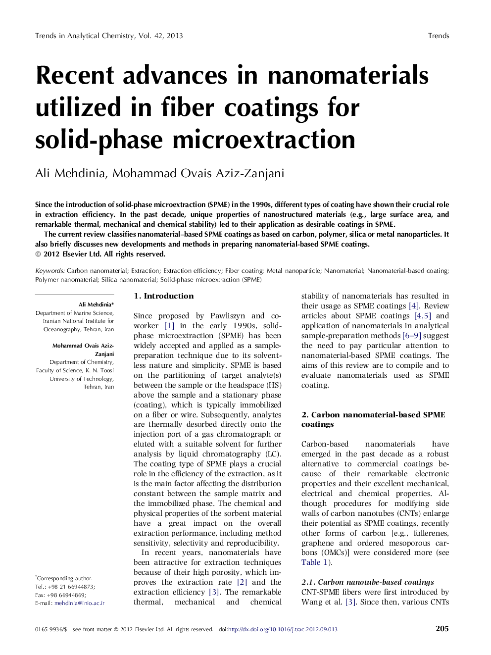 Recent advances in nanomaterials utilized in fiber coatings for solid-phase microextraction