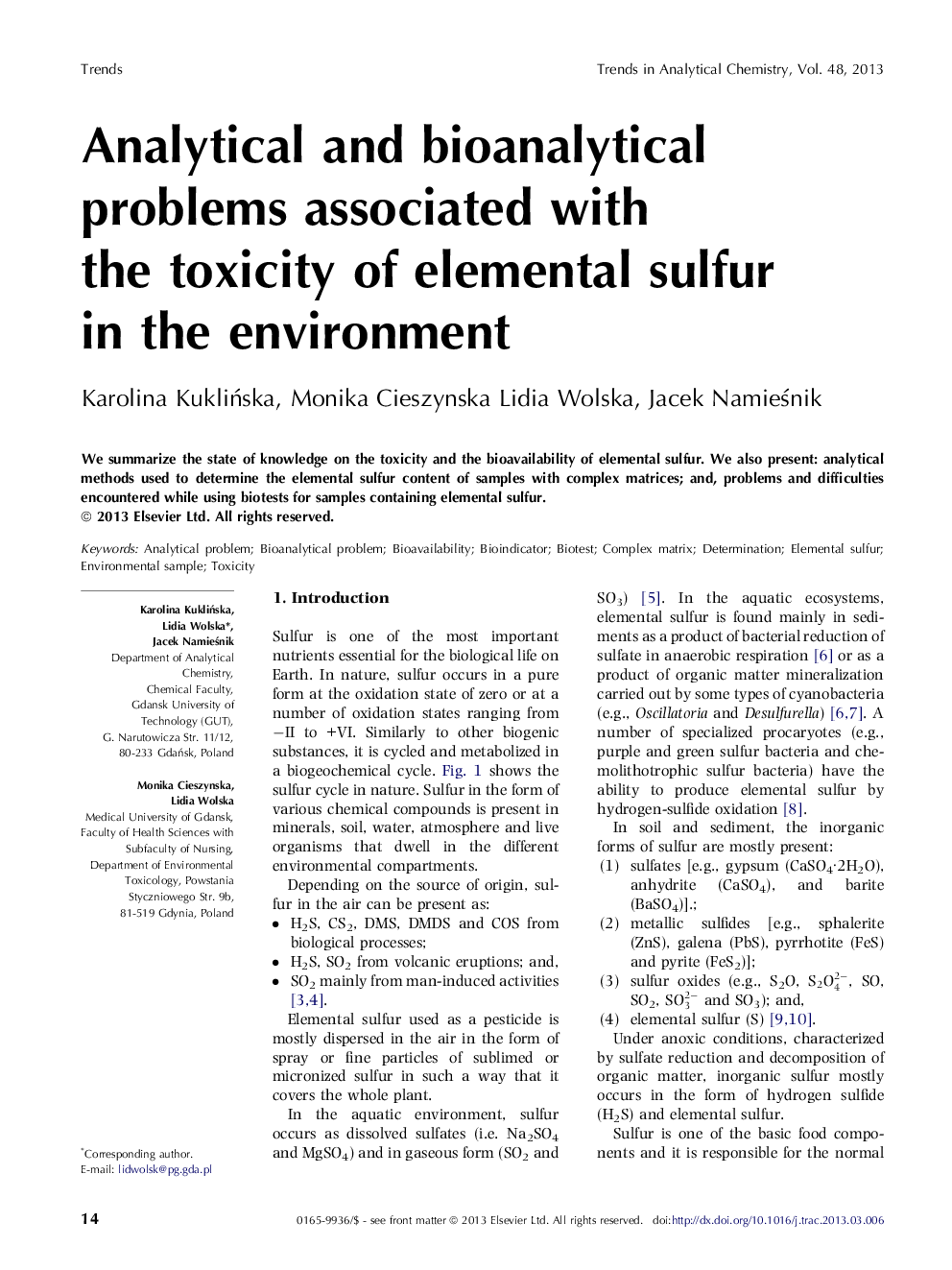 Analytical and bioanalytical problems associated with the toxicity of elemental sulfur in the environment