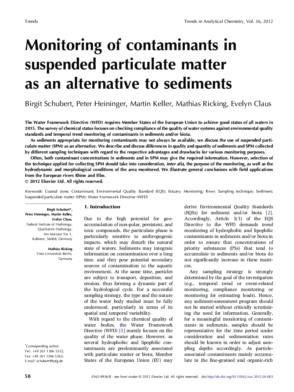 Monitoring of contaminants in suspended particulate matter as an alternative to sediments