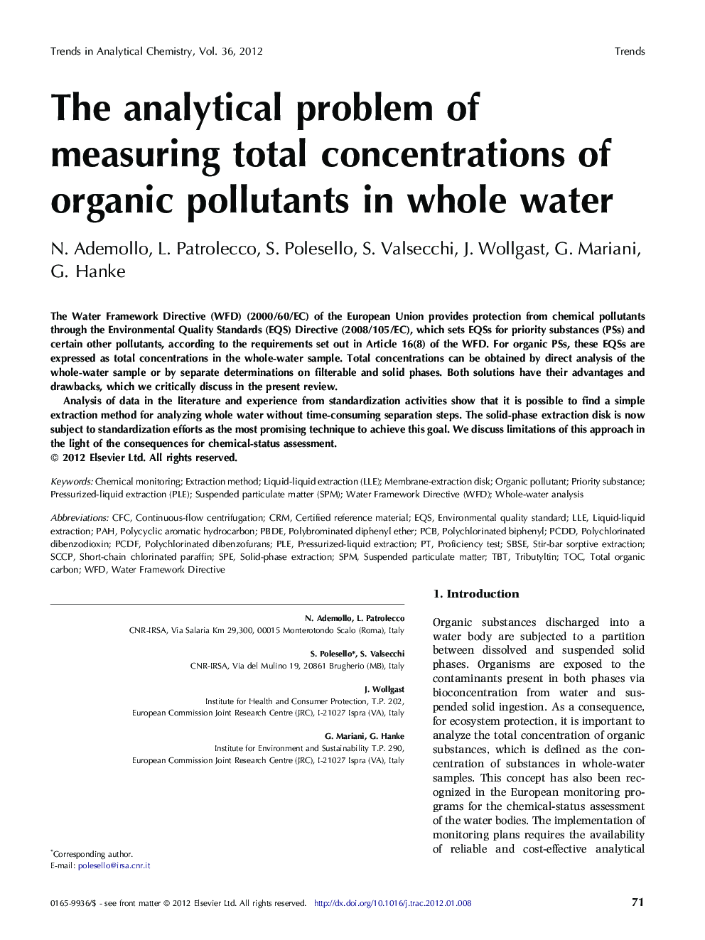 The analytical problem of measuring total concentrations of organic pollutants in whole water