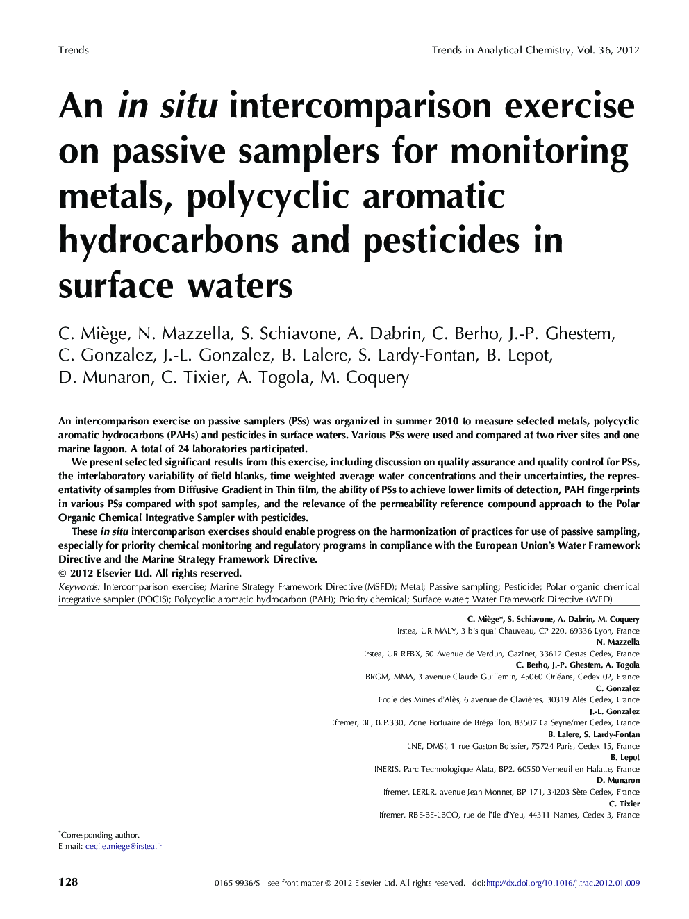 An in situ intercomparison exercise on passive samplers for monitoring metals, polycyclic aromatic hydrocarbons and pesticides in surface waters