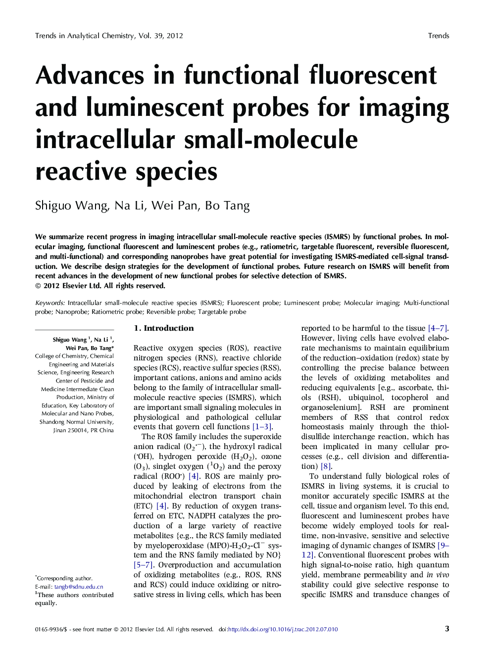 Advances in functional fluorescent and luminescent probes for imaging intracellular small-molecule reactive species