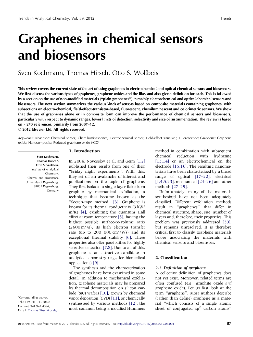 Graphenes in chemical sensors and biosensors