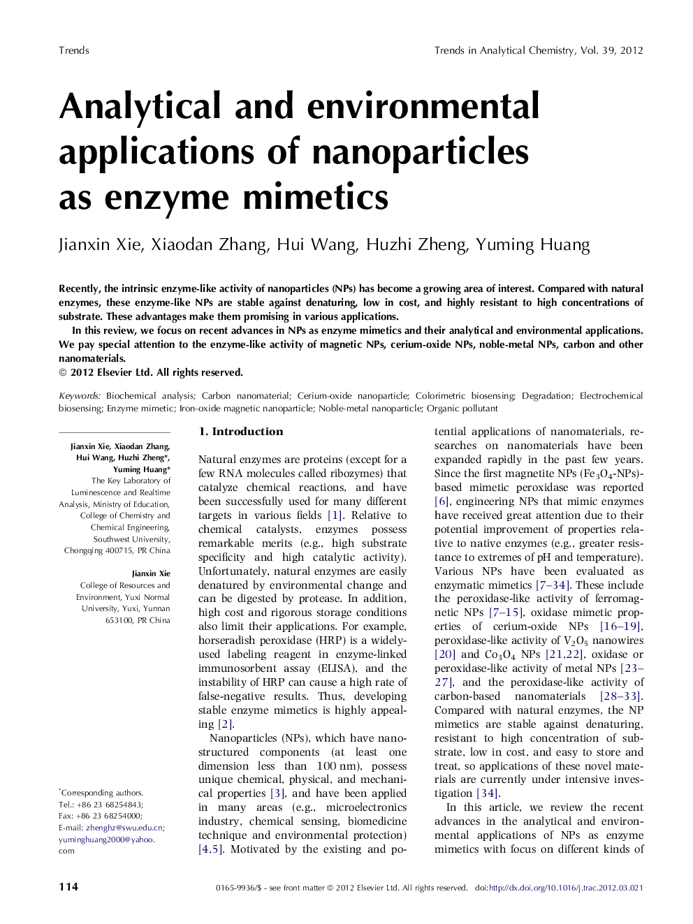 Analytical and environmental applications of nanoparticles as enzyme mimetics