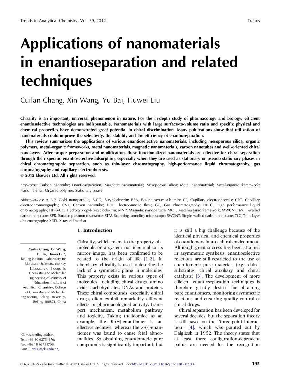 Applications of nanomaterials in enantioseparation and related techniques