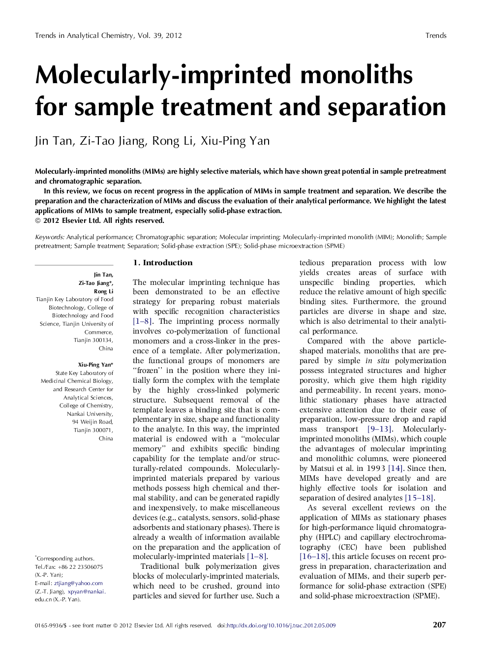 Molecularly-imprinted monoliths for sample treatment and separation