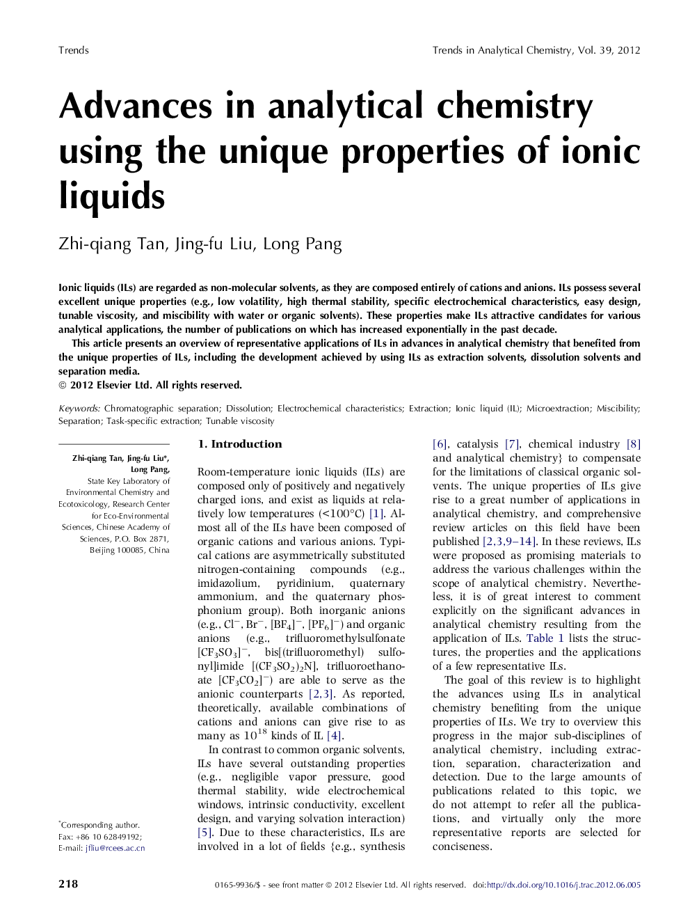 Advances in analytical chemistry using the unique properties of ionic liquids