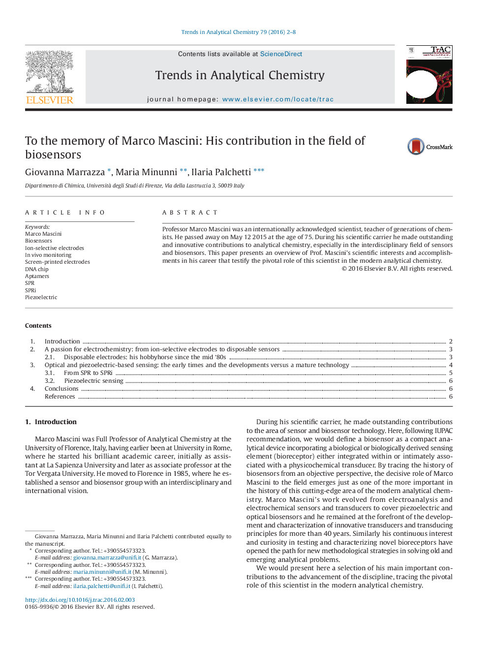 To the memory of Marco Mascini: His contribution in the field of biosensors 