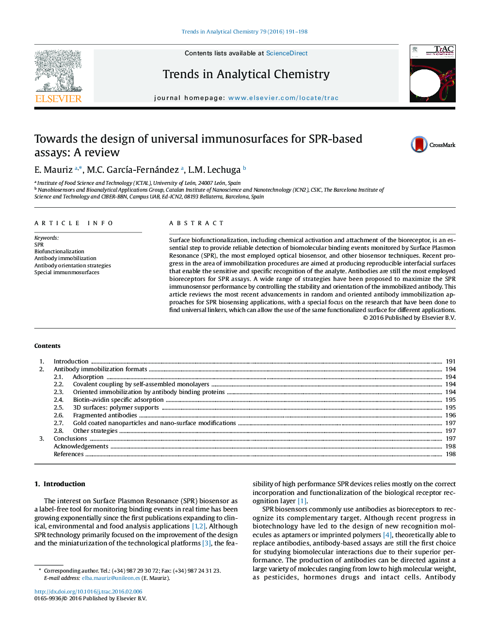 Towards the design of universal immunosurfaces for SPR-based assays: A review