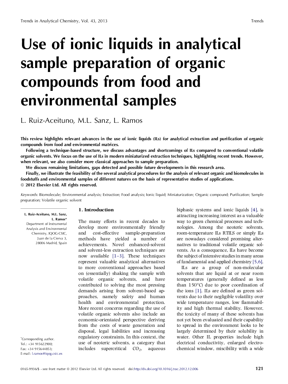 Use of ionic liquids in analytical sample preparation of organic compounds from food and environmental samples