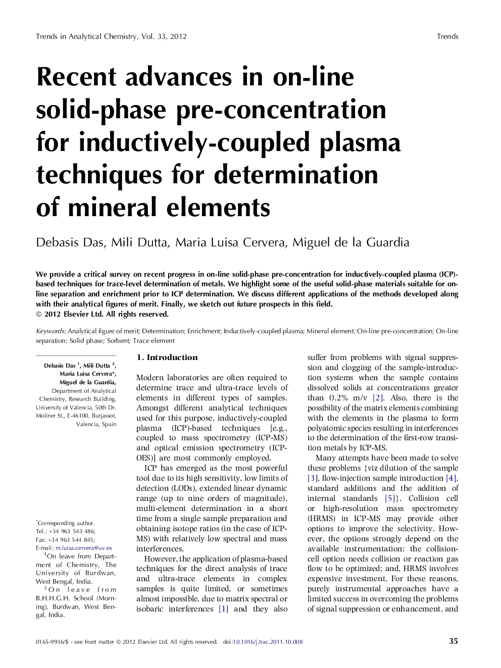 Recent advances in on-line solid-phase pre-concentration for inductively-coupled plasma techniques for determination of mineral elements