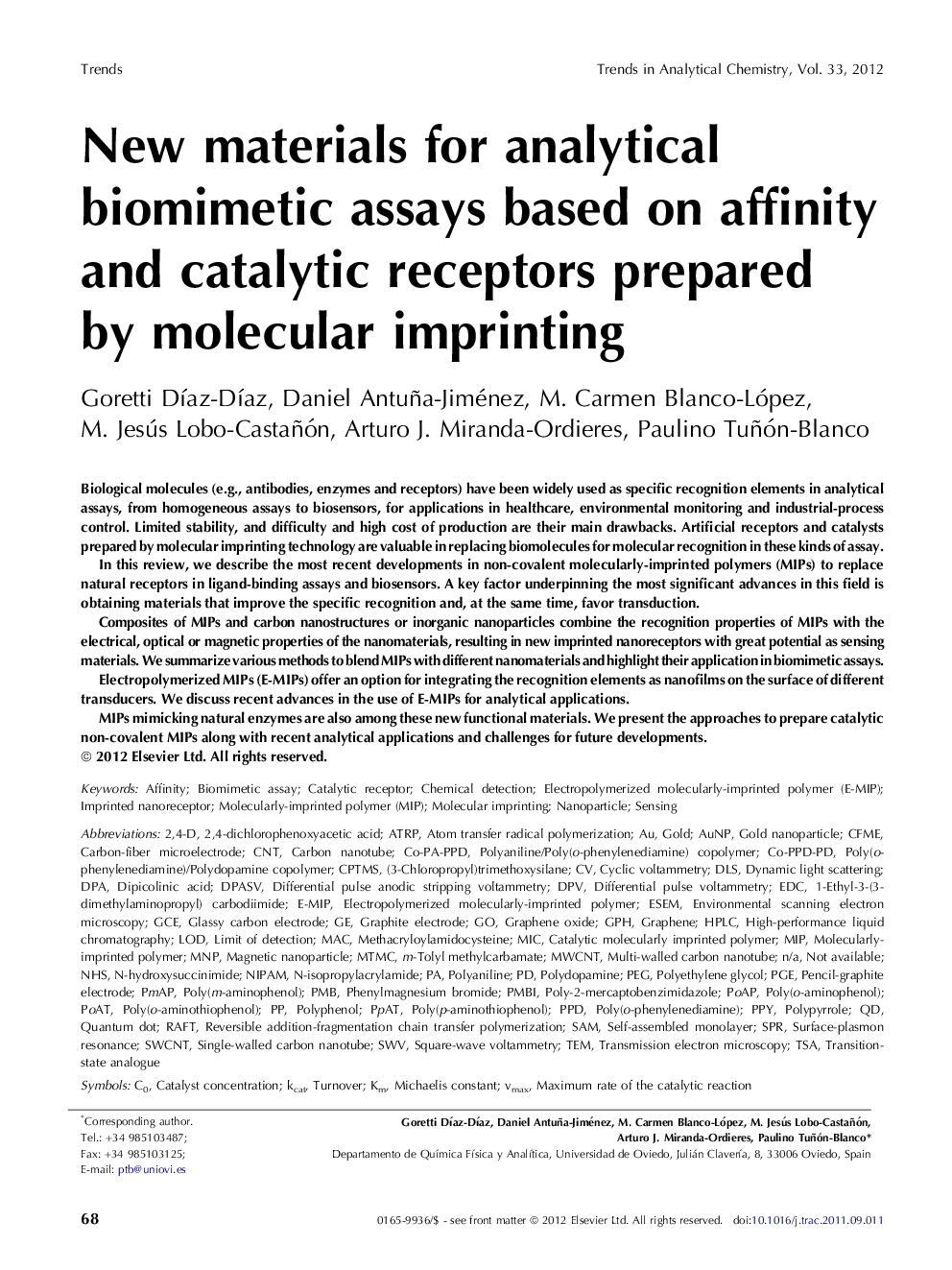 New materials for analytical biomimetic assays based on affinity and catalytic receptors prepared by molecular imprinting