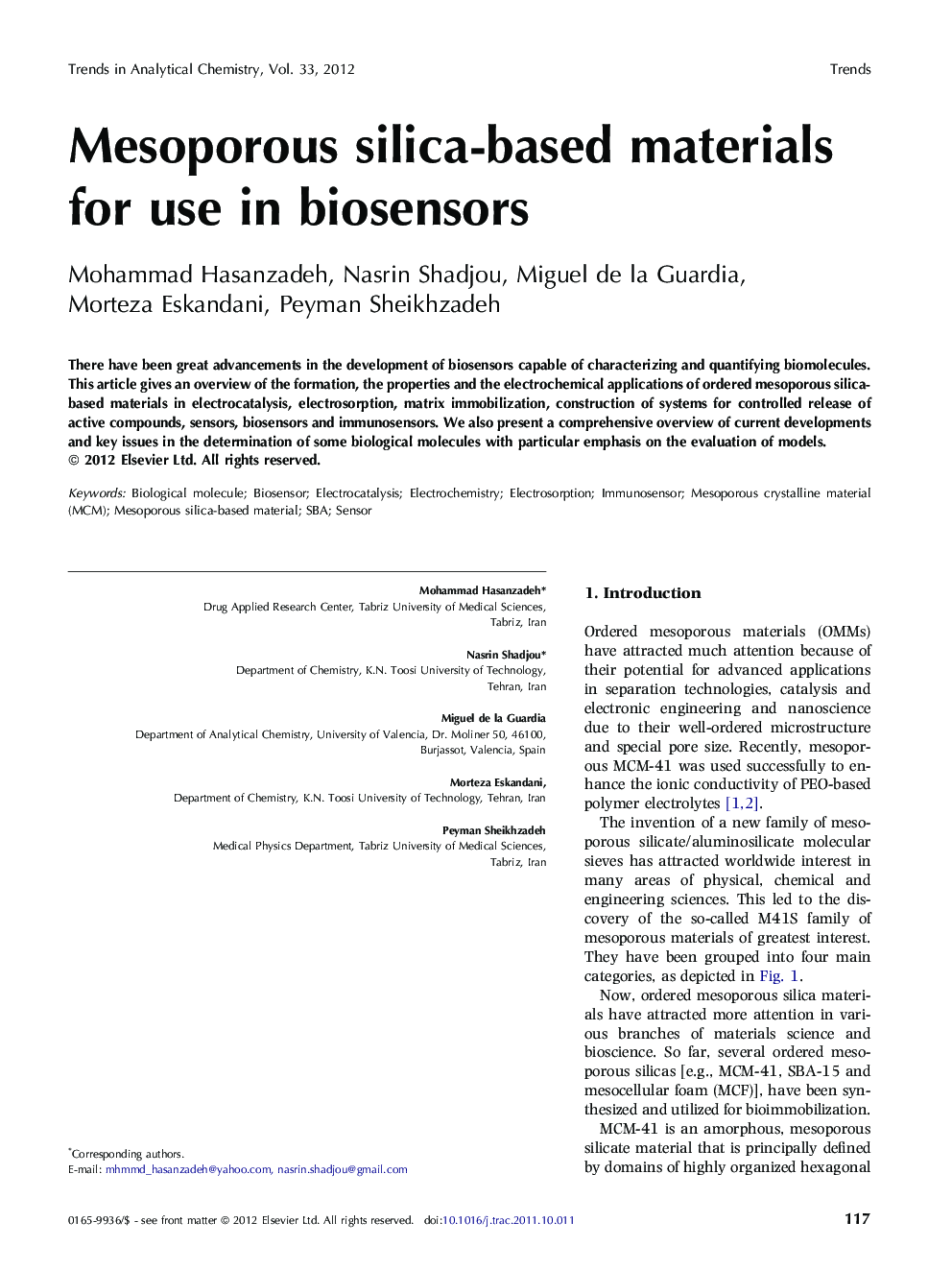 Mesoporous silica-based materials for use in biosensors