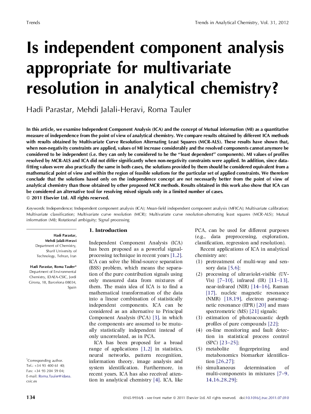 Is independent component analysis appropriate for multivariate resolution in analytical chemistry?