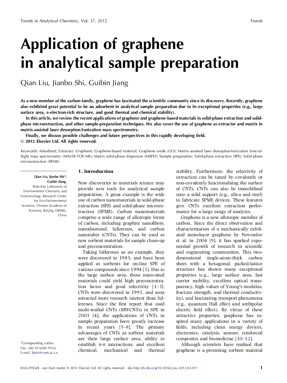 Application of graphene in analytical sample preparation