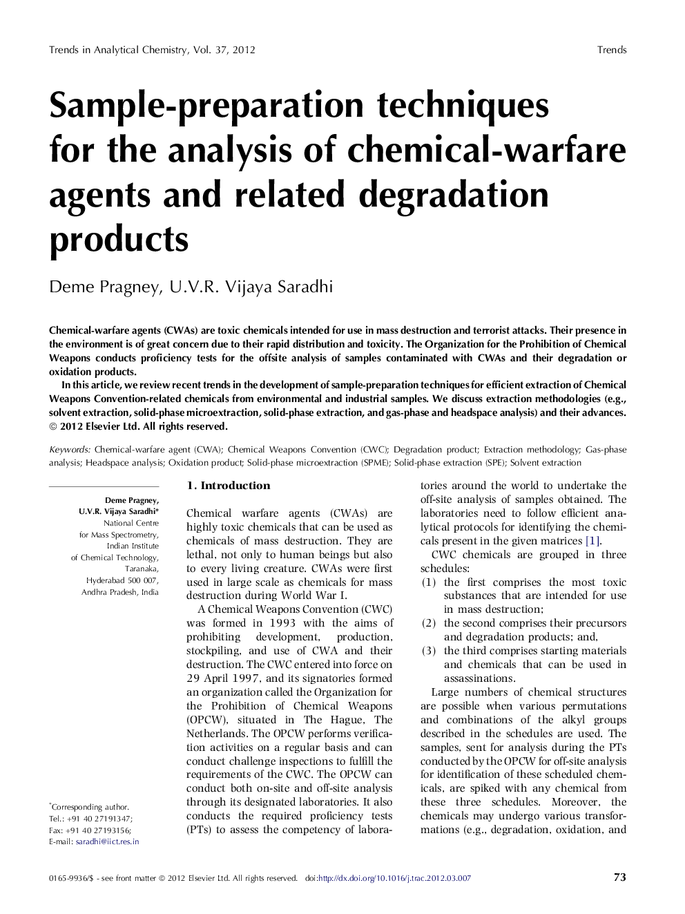 Sample-preparation techniques for the analysis of chemical-warfare agents and related degradation products