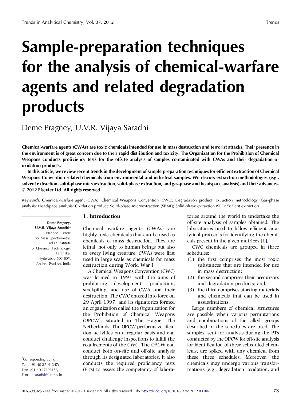 عکس صفحه اول مقاله: Sample-preparation techniques for the analysis of chemical-warfare agents and related degradation products Sample-preparation techniques for the analysis of chemical-warfare agents and related degradation products