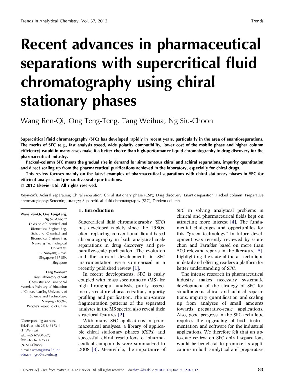 Recent advances in pharmaceutical separations with supercritical fluid chromatography using chiral stationary phases
