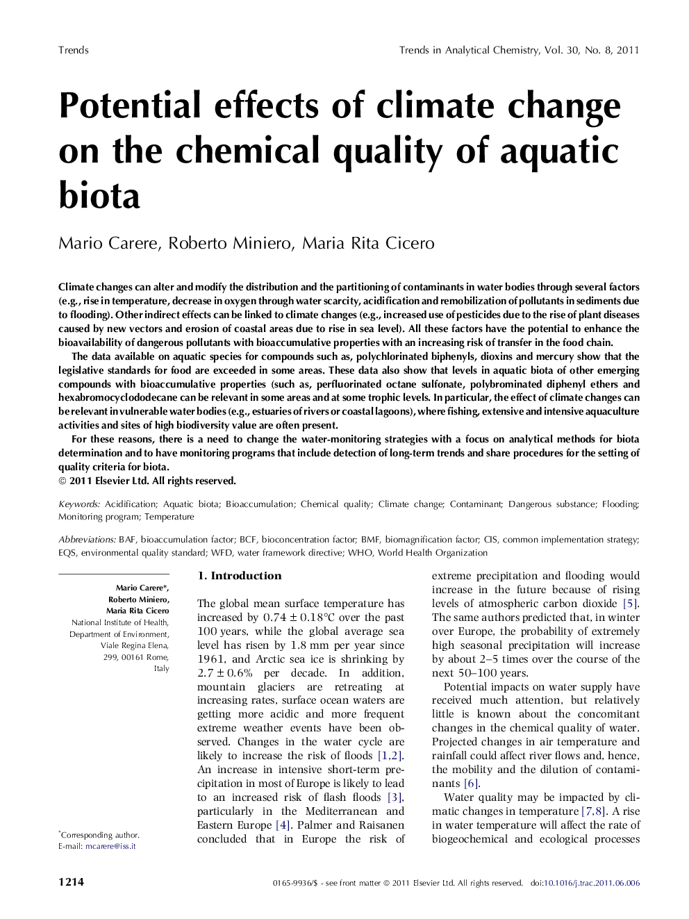 Potential effects of climate change on the chemical quality of aquatic biota
