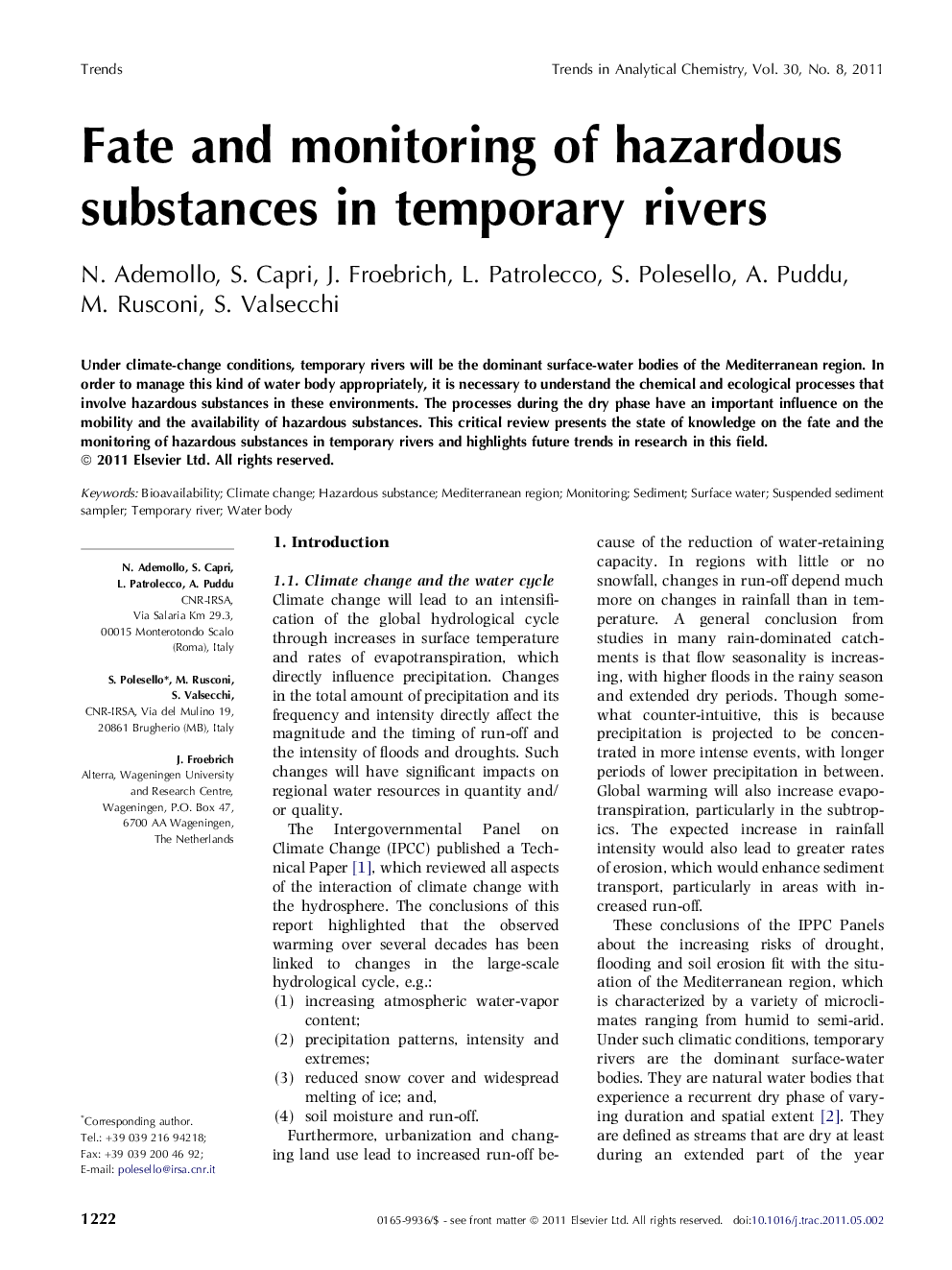 Fate and monitoring of hazardous substances in temporary rivers