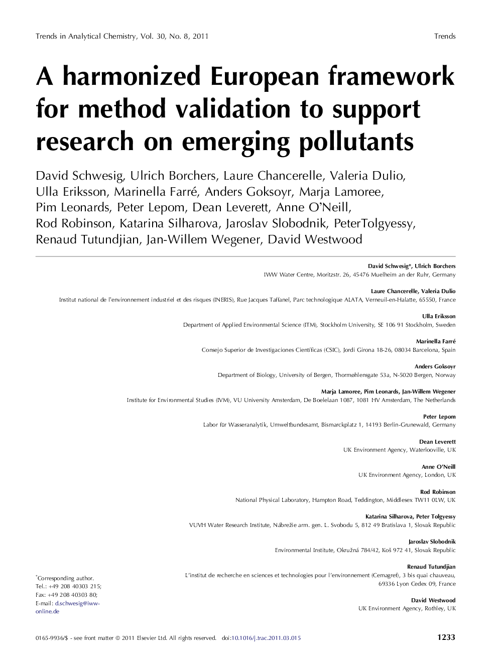 A harmonized European framework for method validation to support research on emerging pollutants