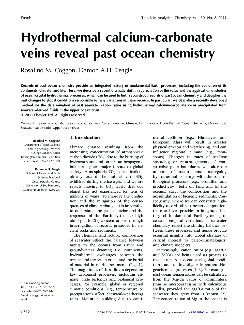 Hydrothermal calcium-carbonate veins reveal past ocean chemistry