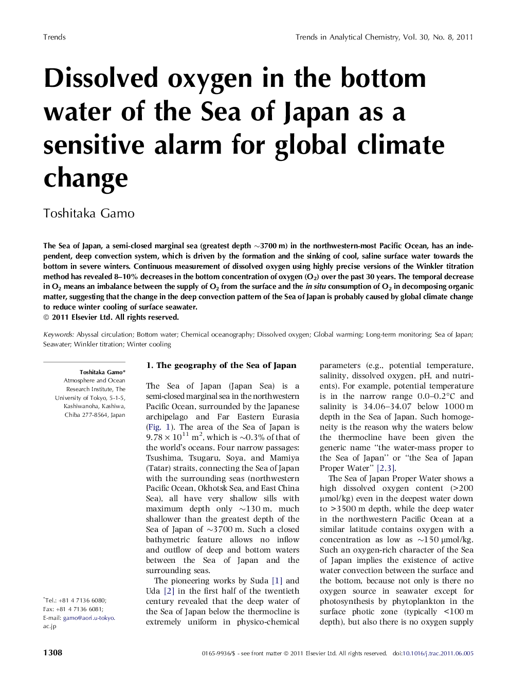 Dissolved oxygen in the bottom water of the Sea of Japan as a sensitive alarm for global climate change