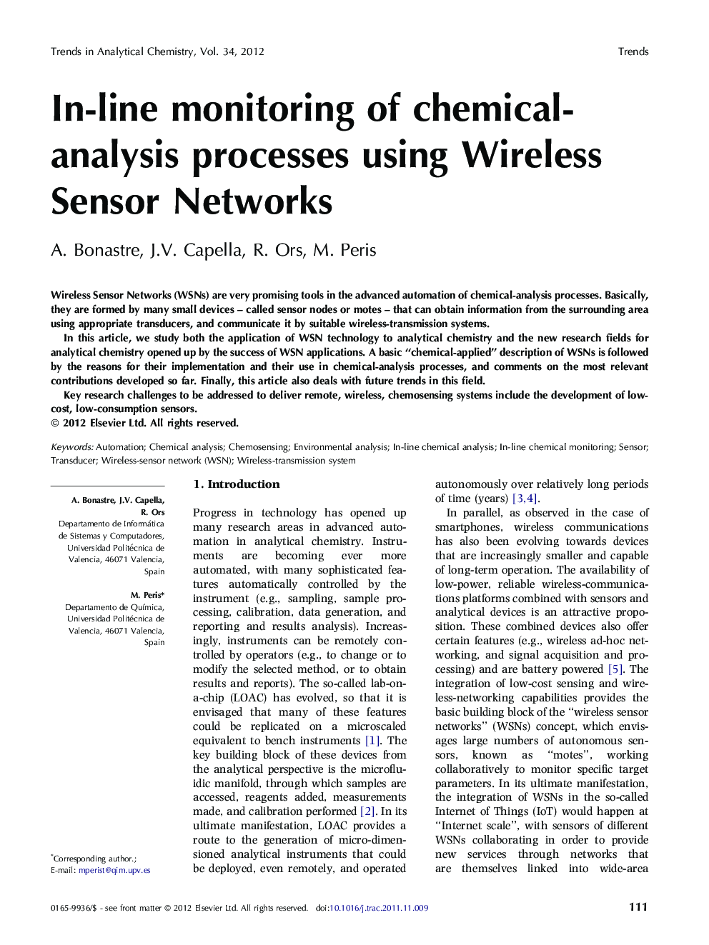 In-line monitoring of chemical-analysis processes using Wireless Sensor Networks