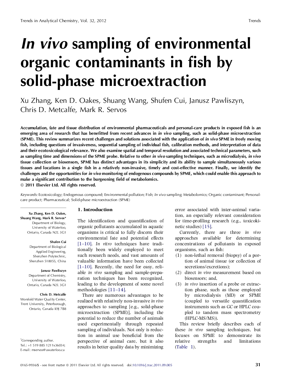 In vivo sampling of environmental organic contaminants in fish by solid-phase microextraction